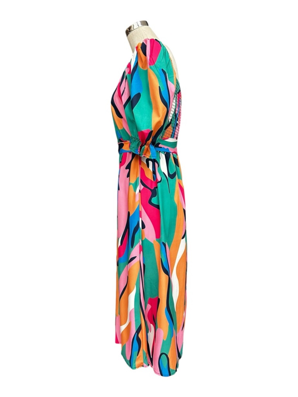 Sunday Up Multicolor Abstract Midi Dress Size Large Puff Sleeve Summer Tea Dress - Picture 7 of 15